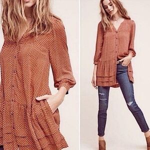 Anthropologie Holding Horses Pavin Tunic Tiered Drop Waist Boho Pockets Orange S